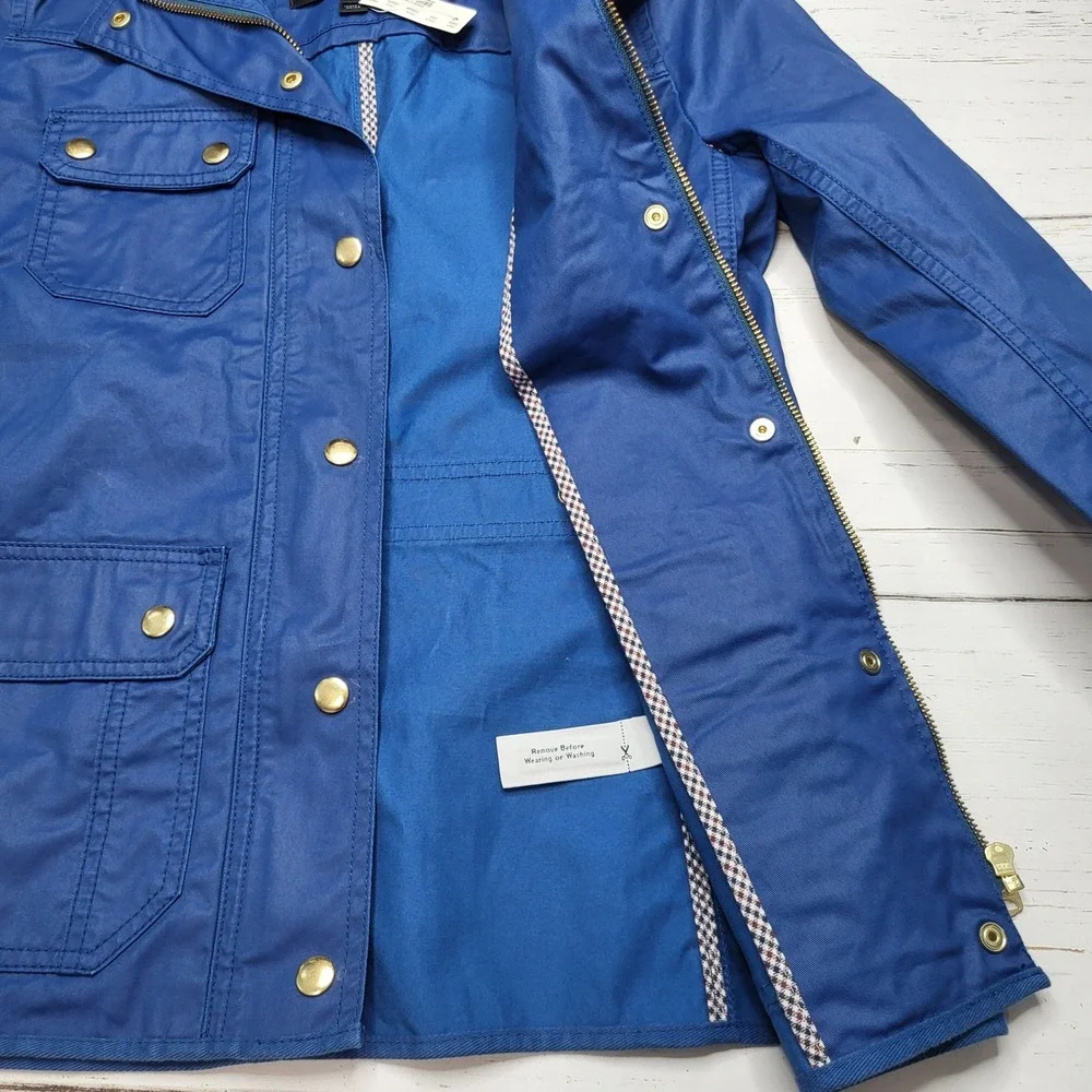 J Crew Downtown Field Jacket Blue Waxed Cotton Blue Stand Collar Military XS